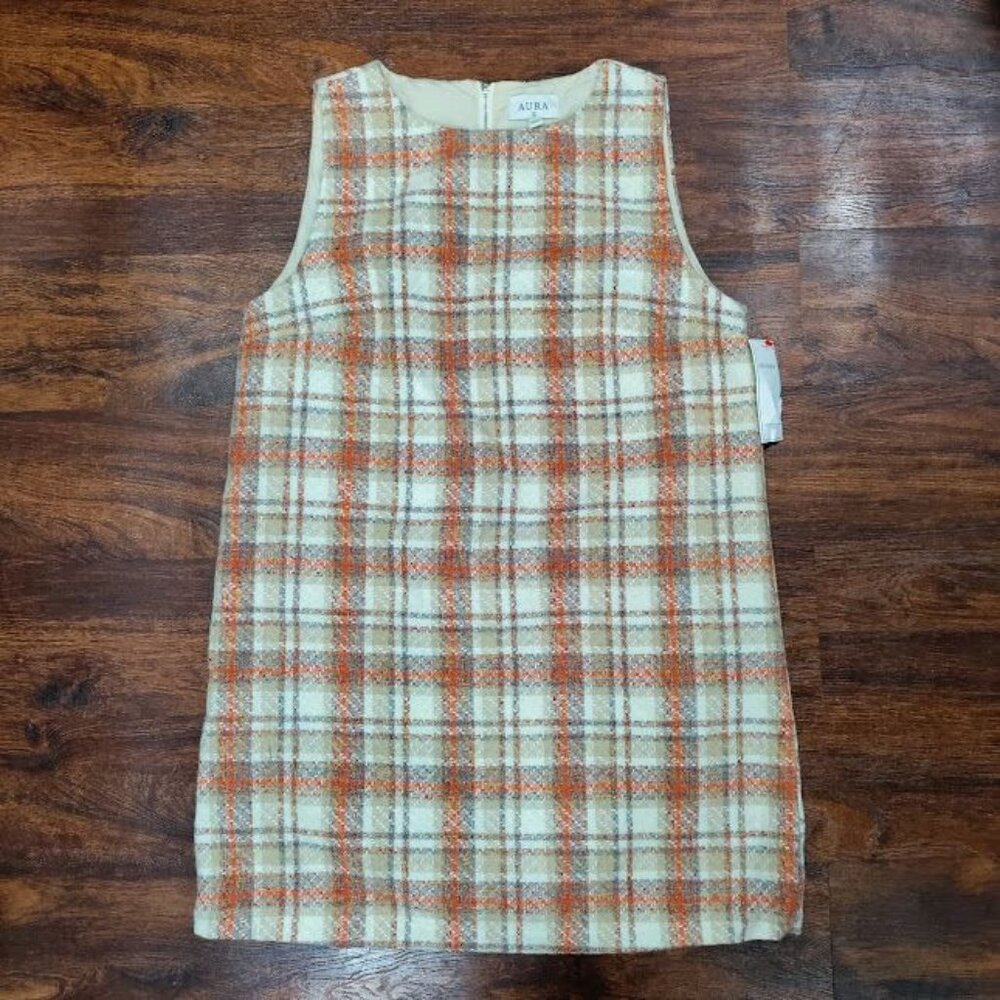 Aura Orange/Beige Plaid Retro 1970s Style  Sleeveless Mini Dress Size Large NWT - Picture 2 of 10